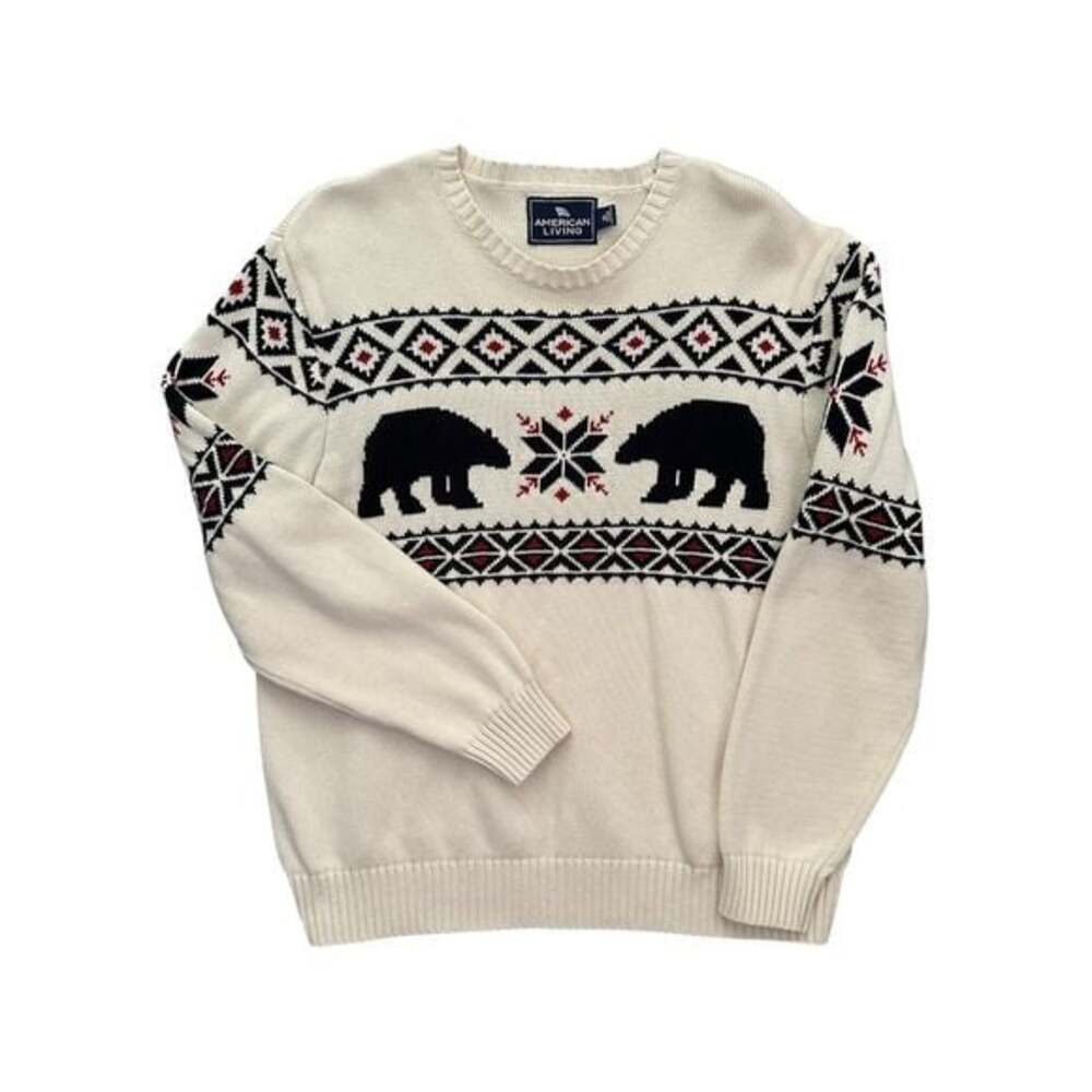 American Living Sweater Mens XL Cream Bear Snowflake Cotton Knit Fair Isle Cabin